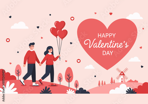 A sweet couple holding a love balloon and walk in the pink park, celebrate happy valentine's day