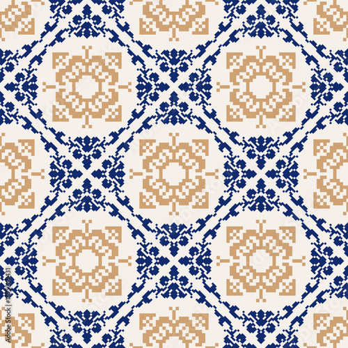 Seamless geometric pattern . pixel pattern. Design for clothing fabric textile ornamentation embroidery Hand stitched pattern . cultural stitching pixel art , Cross stitch pattern