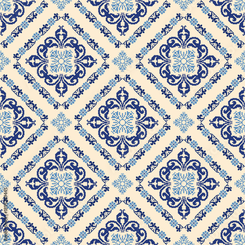 Seamless geometric pattern . pixel pattern. Design for clothing fabric textile ornamentation embroidery Hand stitched pattern . cultural stitching pixel art , Cross stitch pattern