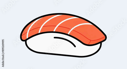 A salmon sushi piece sits on a plate indoors viewed closely