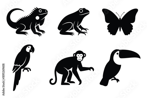 Silhouettes of exotic animals and insects in black