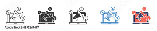Comprehensive icon set for digital marketing and advertising strategies, featuring laptop, megaphone, analysis tools, and financial symbols, ideal for illustrating online promotion concepts