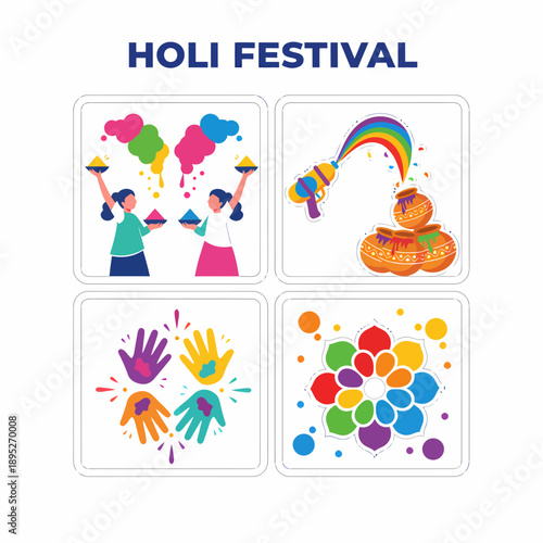 Holi Festival Celebration Icons: Colors, Powder, Fun, Joy, Tradition