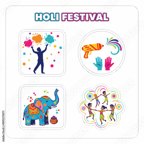 Holi Festival Icons: Colors, Play, Celebration, Elephant, Kids Dancing