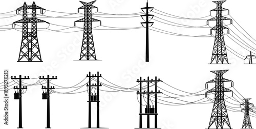 Silhouette set of electric transmission towers and utility poles with power lines, representing electricity distribution network and energy infrastructure vector illustration