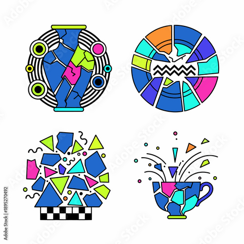 Abstract Geometric Shapes: Broken Vases, Cup, and Plate