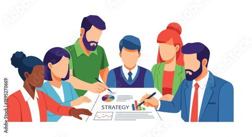Business Strategy Planning Meeting Illustration. Diverse Corporate Team Collaboration on Data Analysis and Financial Report Review.