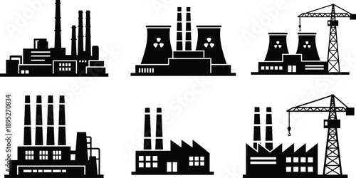Silhouette industrial factories and power plants with chimneys, cooling towers, and cranes representing manufacturing, energy production, and heavy industry vector illustration