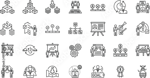 Business Strategy and Management Icon Set Featuring Planning Processes, Leadership Training, Organizational Structure, Team Development, Performance Goals, and Professional Corporate Growth Concepts.