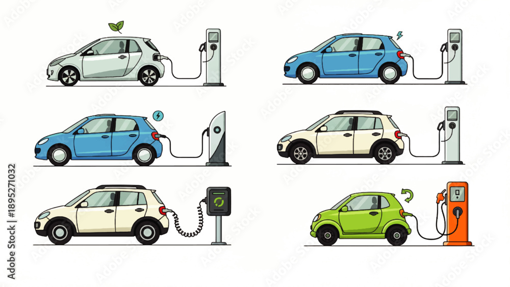 Naklejka premium Diverse set of eco-friendly electric vehicles charging at various stations, illustrating sustainable transportation and green energy solutions