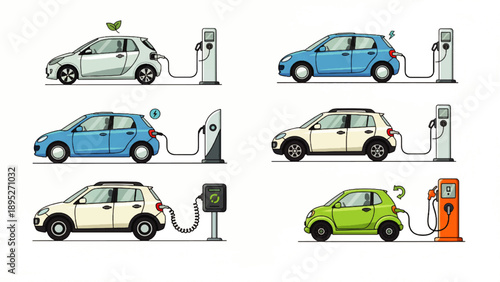 Diverse set of eco-friendly electric vehicles charging at various stations, illustrating sustainable transportation and green energy solutions
