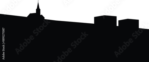 Black city skyline silhouette with church tower and rooftops on white background, representing urban architecture, minimal design, historic townscape concept