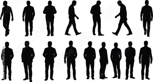 Collection of male human silhouettes standing and walking in different poses, full body views, isolated black figures on white background