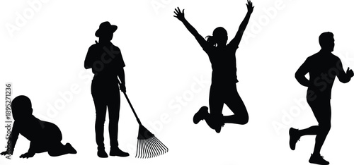 Human life stages silhouette concept showing growth from baby to adult, work, joy, fitness, and active lifestyle development progression