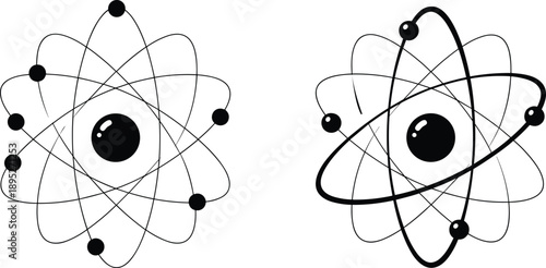 Atomic structure icons with electrons orbiting nucleus, representing physics, chemistry, science education, and modern technology vector illustration isolated on white