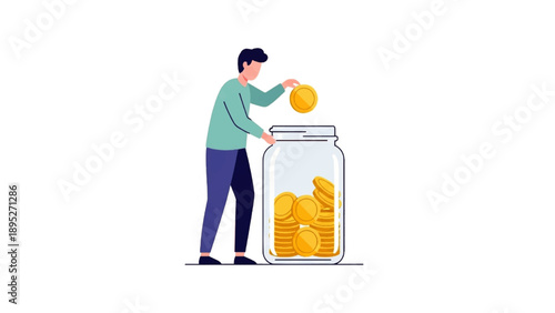 Illustration of a man saving money in a jar, representing financial growth and investment strategy