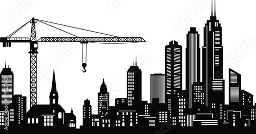 Urban city skyline silhouette with construction crane and skyscrapers on white background, symbolizing development, architecture, growth, and modern metropolitan expansion