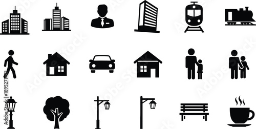 Urban life icon set featuring buildings, transportation, people, homes, trees, street furniture and daily activity symbols in black silhouette style