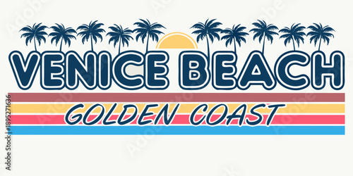 Venice beach graphic with palm trees sunset and retro typography