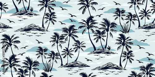 Tropical island scene with palm trees birds and small islands in a repeating pattern