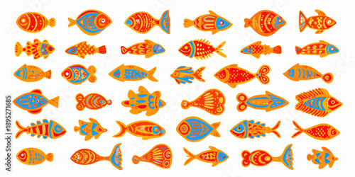 A collection of colorful stylized fish illustrations on a white background