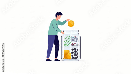 Person Investing Money into a Jar with Diverse Assets for Financial Growth and Future Security
