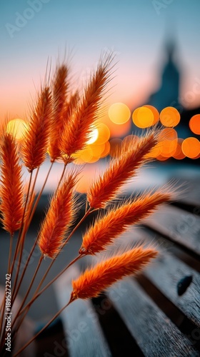 A bench with a bunch of orange grass on it. The grass is arranged in a way that it looks like a bouquet, and it is surrounded by the bench. The scene is set against a backdrop of a city skyline