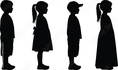 Silhouette children standing in side view including boys and girls, representing childhood, profile figures, and human people vector illustration