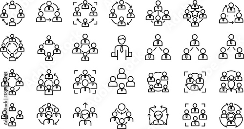 Team Structure and Collaboration Models Icon Set Featuring Leadership Focus, Organizational Hierarchy, Group Coordination, Network Connections, and Professional Business Teamwork Concepts.