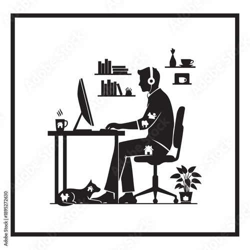 "Remote Worker Using Laptop at Home Workspace Icon"