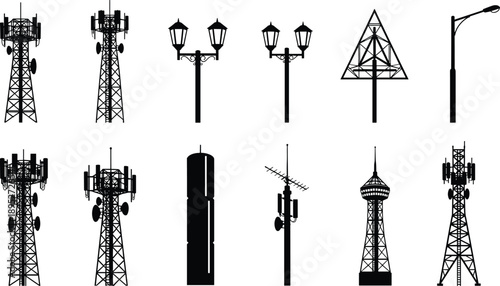 Silhouette set of communication towers, antennas, street lamps, and broadcast masts representing modern urban telecommunications and infrastructure vector illustration