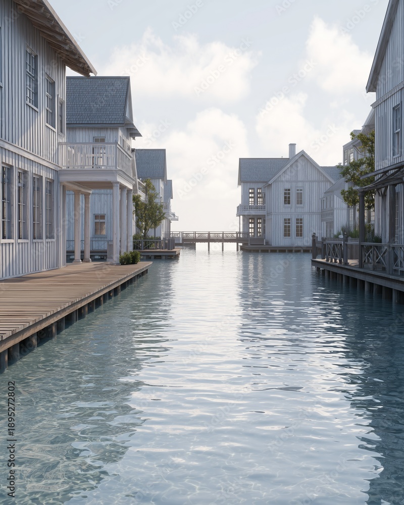 Fototapeta premium Photorealistic coastal city environment featuring modern architecture with wooden houses along a serene waterway and a wooden walkway leading to a distant pier