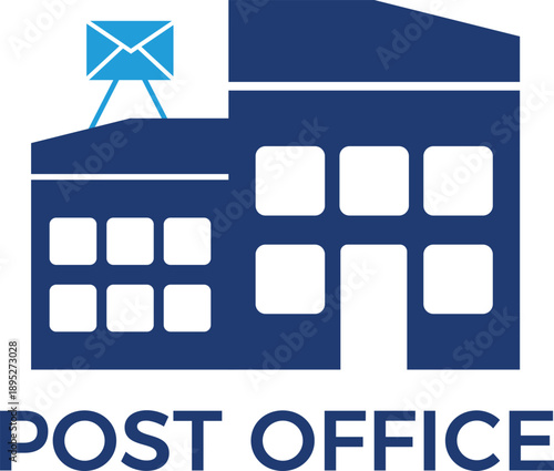 Modern Blue Post Office Building Icon with Envelope Symbol, Professional Postal Service and Mail Delivery Logistics Graphic