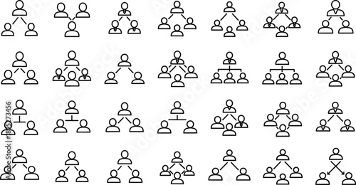 Team Hierarchy and Organizational Structure Line Icon Set Showing Group Relationships, Management Levels, Reporting Chains, and Corporate Network Diagrams.