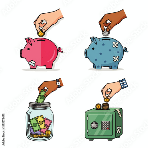 Concept of saving money with piggy banks, jars, and safes A visual representation of financial growth and security