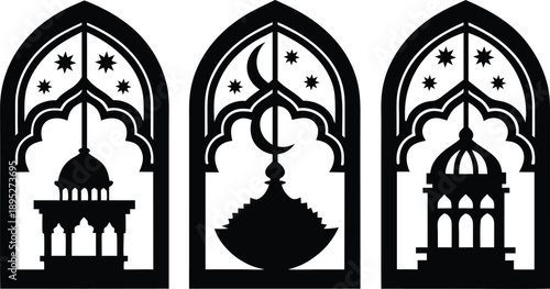 Islamic Arch Window Mosque Ramadan Black Silhouette Set
