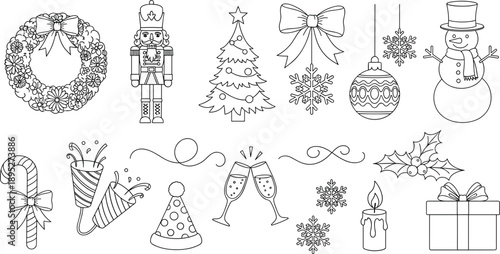 Christmas and New Year line art icons set with nutcracker, snowman, tree, wreath, champagne glasses, candle, gift and party decorations