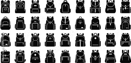 Collection of black backpack silhouettes featuring various school bag designs, travel rucksacks, outdoor packs, and student bookbags isolated on white