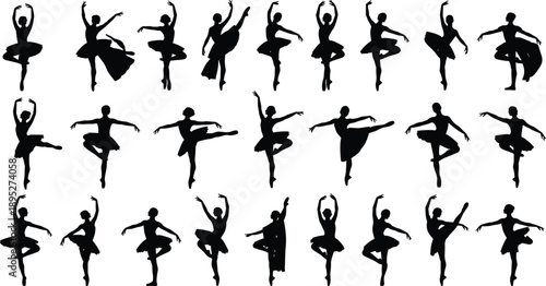 Collection of black ballerina silhouettes performing various classical dance poses and jumps in tutus, graceful ballet dancer icons on white background