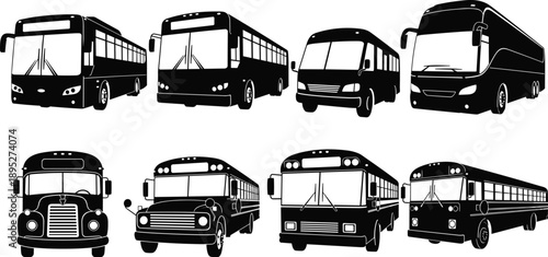 Collection of black bus silhouettes including school buses, city transit, tour coaches and shuttle vans isolated on white background for design