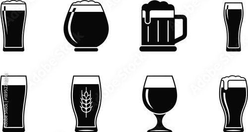 Collection of black beer glass silhouettes featuring various pint glasses, craft beer mugs, snifters, and pilsner glassware icons for brewery design