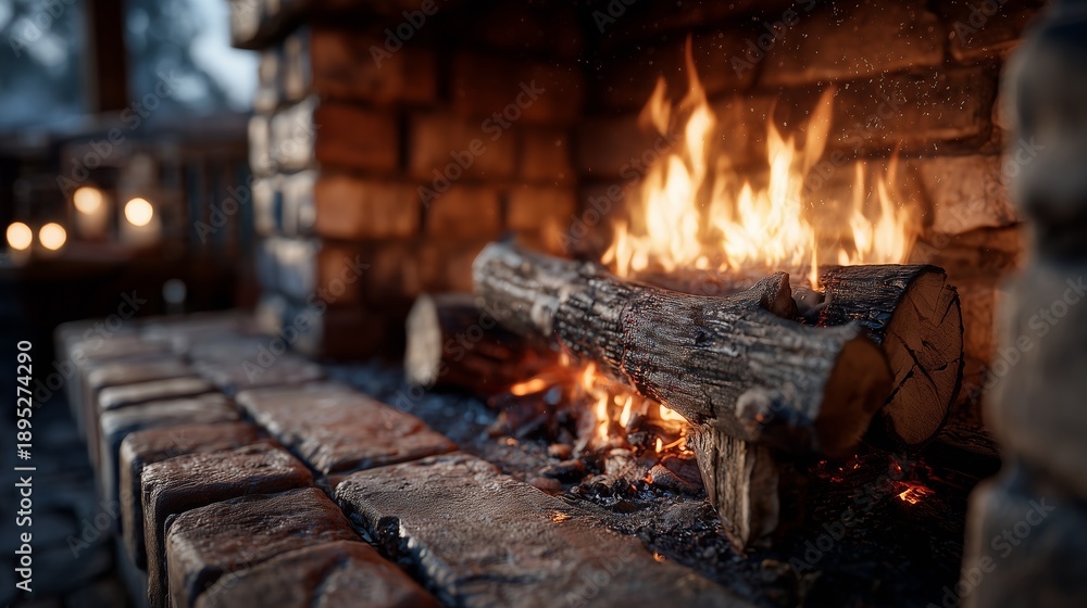 Obraz premium Warm Fire in Brick Fireplace with Burning Logs and Flames