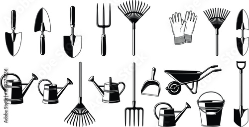 Collection of black gardening tool silhouettes featuring shovels, rakes, watering cans, wheelbarrow, pitchforks and garden gloves isolated on white background