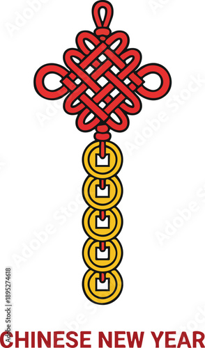 Chinese knot symbol with coins for good fortune and prosperity in new year celebration