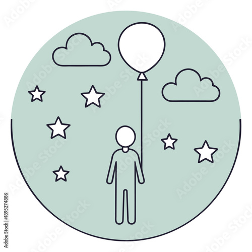 Simple line art illustration of a person holding a balloon, surrounded by stars and clouds within a circular frame