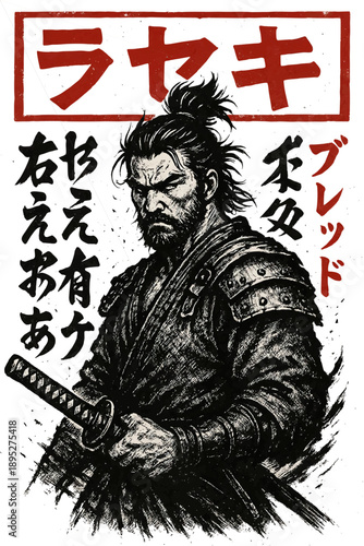 Japanese samurai illustration with katana, black ink brushstrokes, and traditional kanji text on a beige background