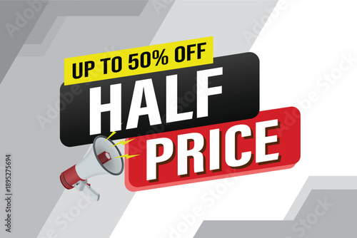 half price sale word mega phone concept vector illustration and 3d style, landing page, template, ui, web, mobile app, poster, banner, flyer, background, gift card, coupon, label, wallpaper

