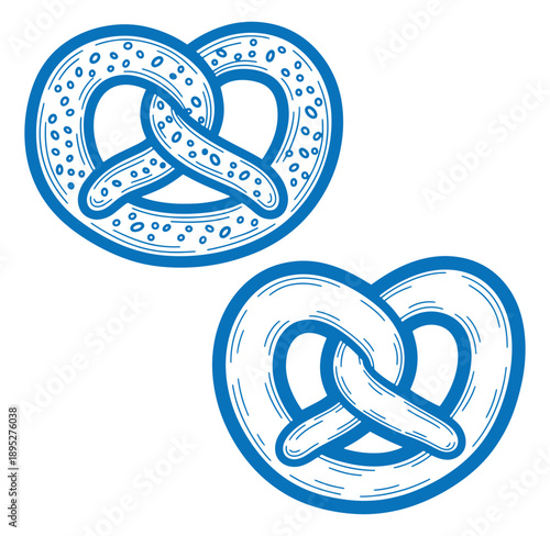 Two blue pretzels with detailed texture on white background Keywords: pretzel, pretzels, baked