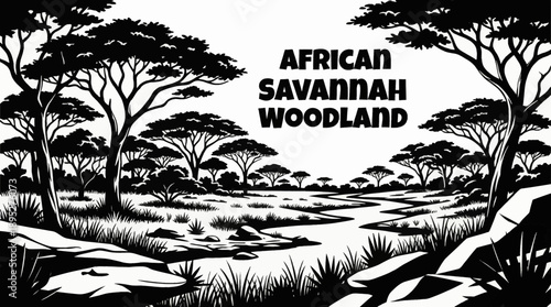 savannah woodland forests with acacia trees and grassland vegetation ecosystems black and white vector illustration