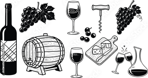 Winery and Wine Tasting Vector Icon Set Featuring Bottles, Glasses, Grapes, Wooden Barrel, Corkscrew, Decanter, and Gourmet Cheese Plate for Vineyard Design Projects